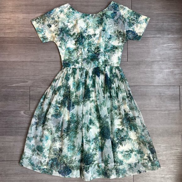 Vintage 50s Floral Chiffon Green & White Cocktail Dress Knee Length Size 8 - Picture 1 of 7